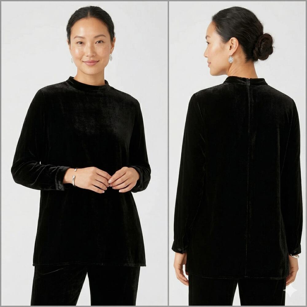 Eileen Fisher Black Velvet Mock Neck Tunic Top Size Large NWT $278